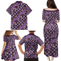 Polynesian Monstera Tiare Floral Family Matching Puletasi and Hawaiian Shirt Lavender Tropical Plaid - Polynesian Pride