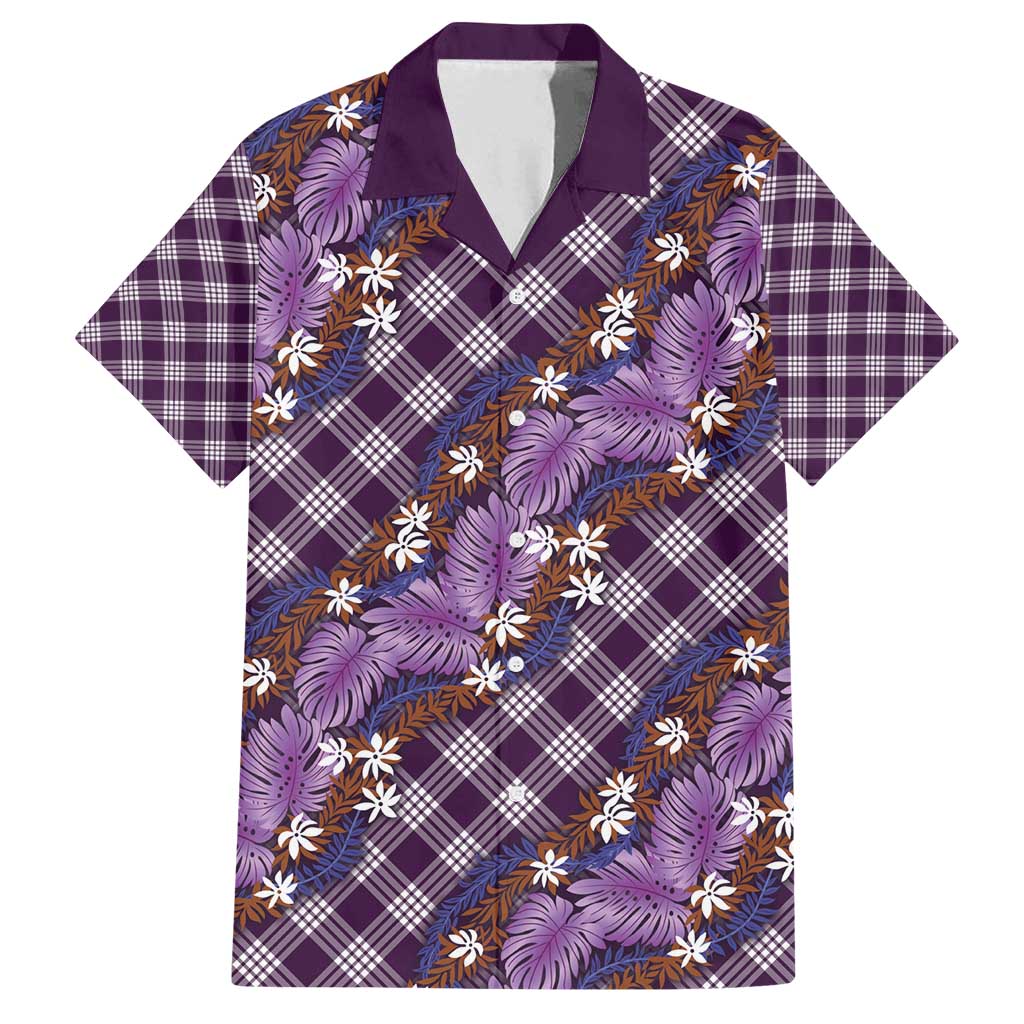 Polynesian Monstera Tiare Floral Family Matching Puletasi and Hawaiian Shirt Lavender Tropical Plaid - Polynesian Pride