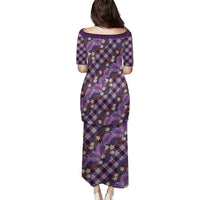 Polynesian Monstera Tiare Floral Family Matching Puletasi and Hawaiian Shirt Lavender Tropical Plaid - Polynesian Pride