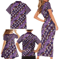 Polynesian Monstera Tiare Floral Family Matching Short Sleeve Bodycon Dress and Hawaiian Shirt Lavender Tropical Plaid - Polynesian Pride