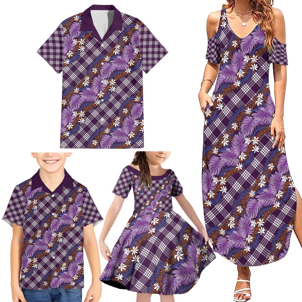 Polynesian Monstera Tiare Floral Family Matching Summer Maxi Dress and Hawaiian Shirt Lavender Tropical Plaid - Polynesian Pride