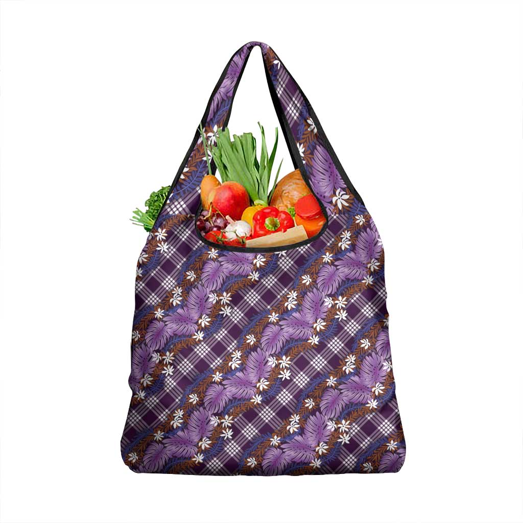 Polynesian Monstera Tiare Floral Grocery Bag Lavender Tropical Plaid - Polynesian Pride