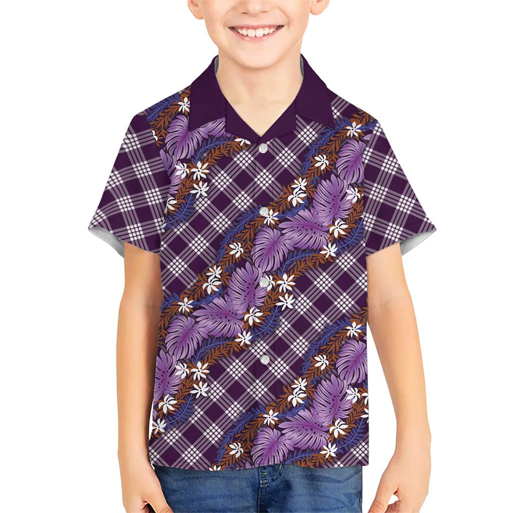 Polynesian Monstera Tiare Floral Kid Hawaiian Shirt Lavender Tropical Plaid - Polynesian Pride