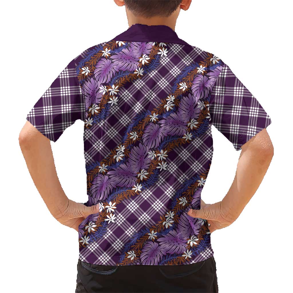 Polynesian Monstera Tiare Floral Kid Hawaiian Shirt Lavender Tropical Plaid - Polynesian Pride