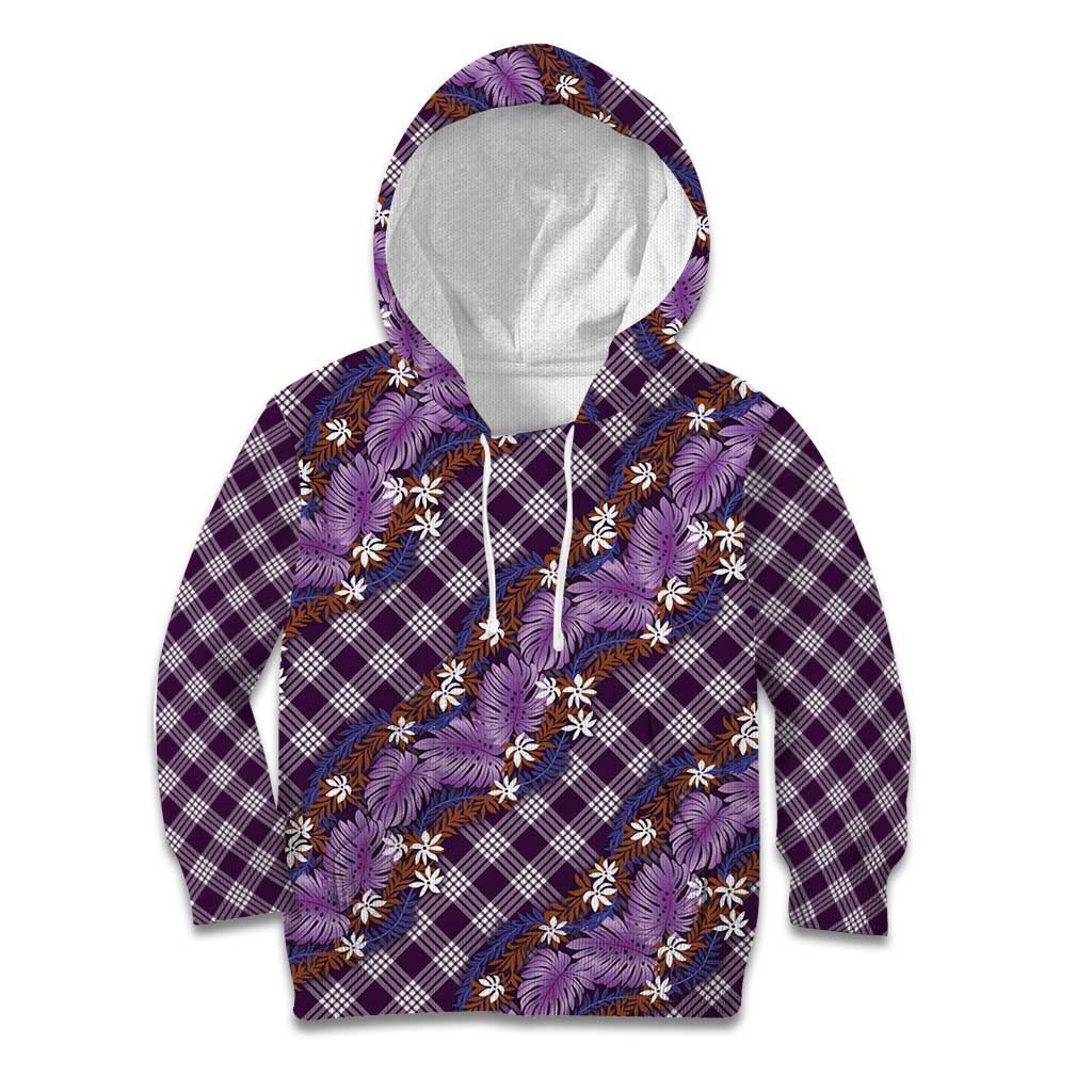 Polynesian Monstera Tiare Floral Kid Hoodie Lavender Tropical Plaid - Polynesian Pride