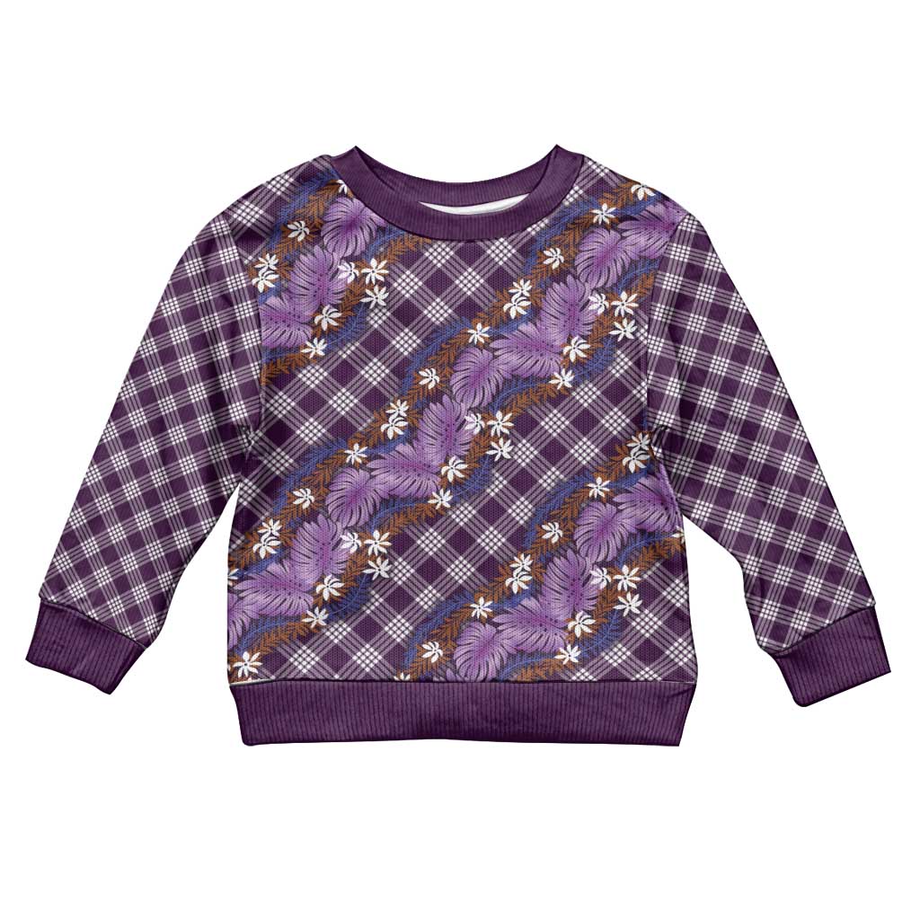 Polynesian Monstera Tiare Floral Kid Ugly Christmas Sweater Lavender Tropical Plaid - Polynesian Pride