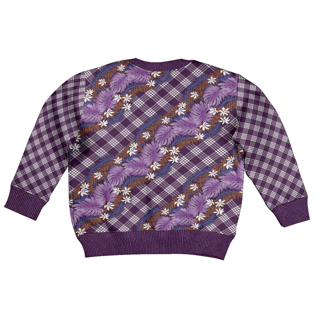 Polynesian Monstera Tiare Floral Kid Ugly Christmas Sweater Lavender Tropical Plaid - Polynesian Pride
