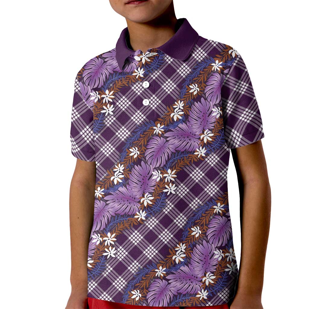Polynesian Monstera Tiare Floral Kid Polo Shirt Lavender Tropical Plaid - Polynesian Pride