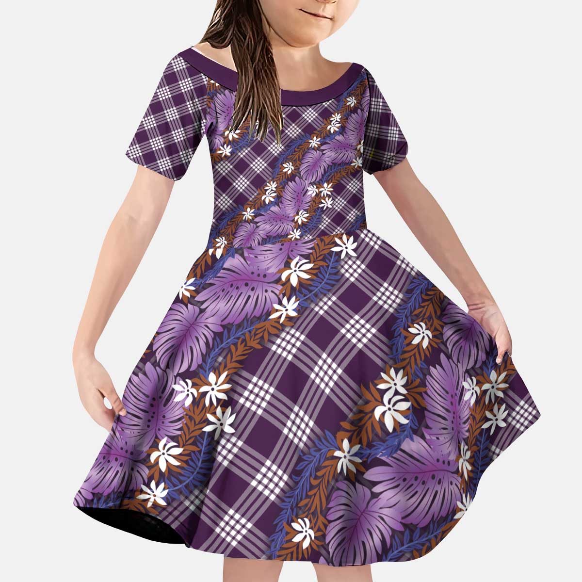 Polynesian Monstera Tiare Floral Kid Short Sleeve Dress Lavender Tropical Plaid - Polynesian Pride