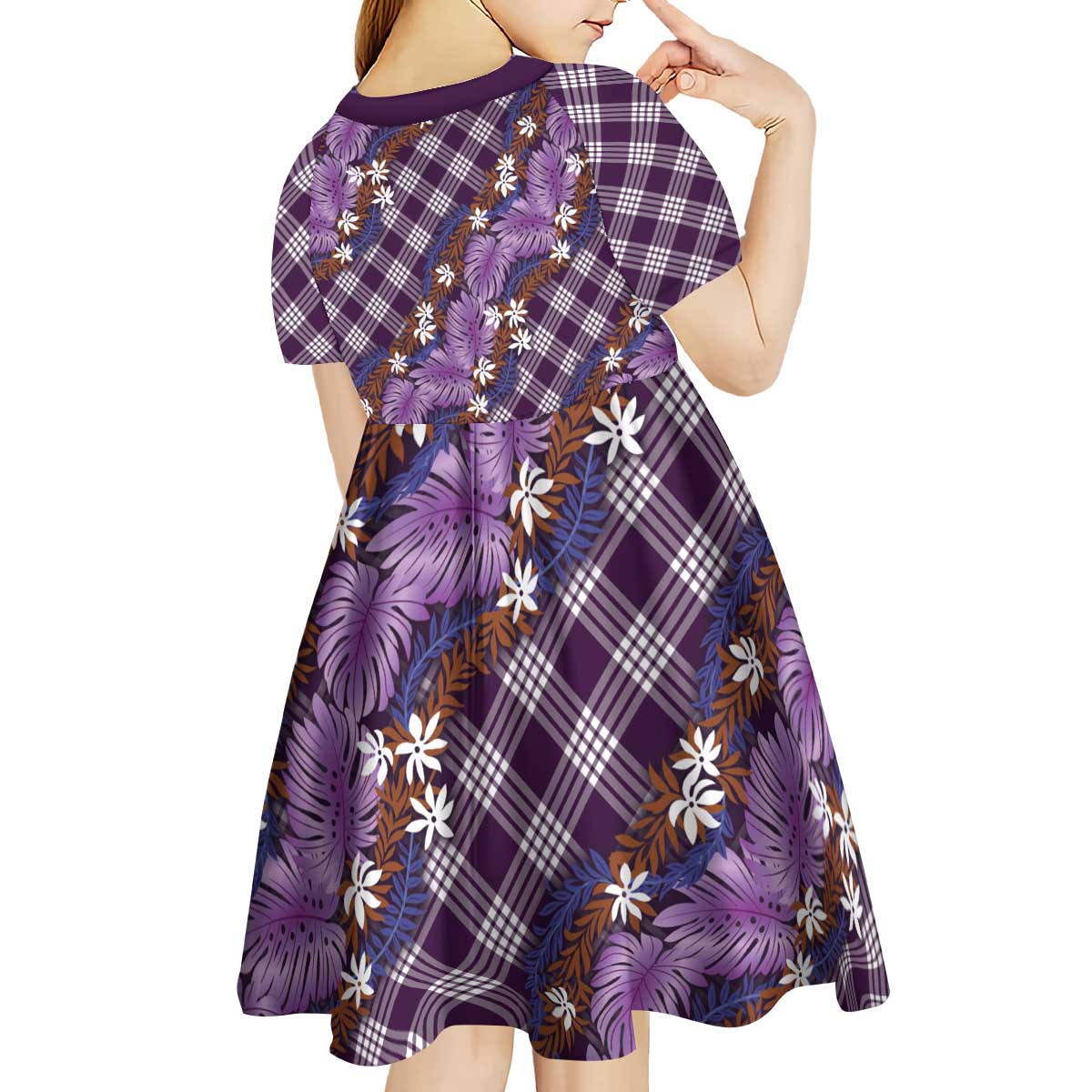 Polynesian Monstera Tiare Floral Kid Short Sleeve Dress Lavender Tropical Plaid - Polynesian Pride
