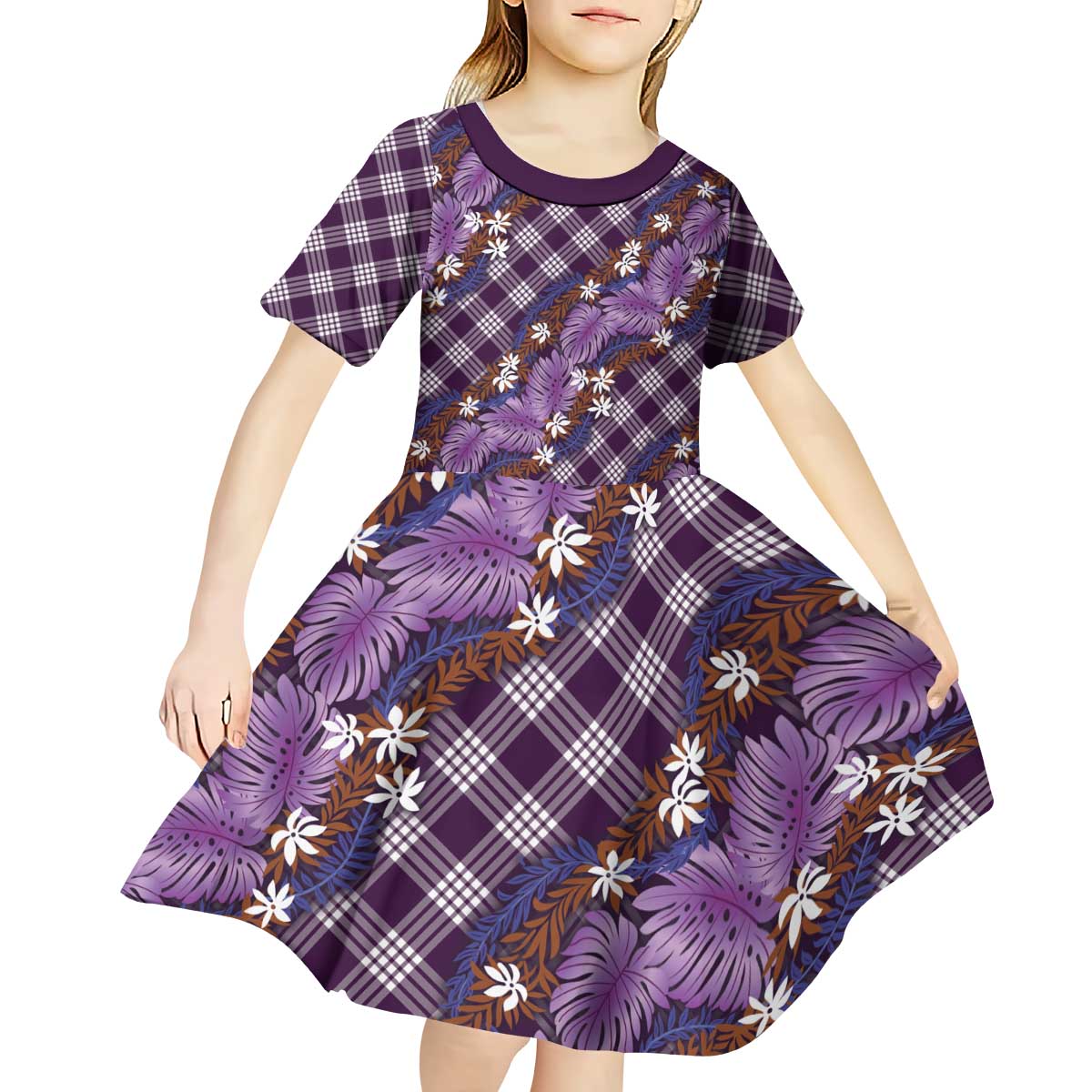 Polynesian Monstera Tiare Floral Kid Short Sleeve Dress Lavender Tropical Plaid - Polynesian Pride