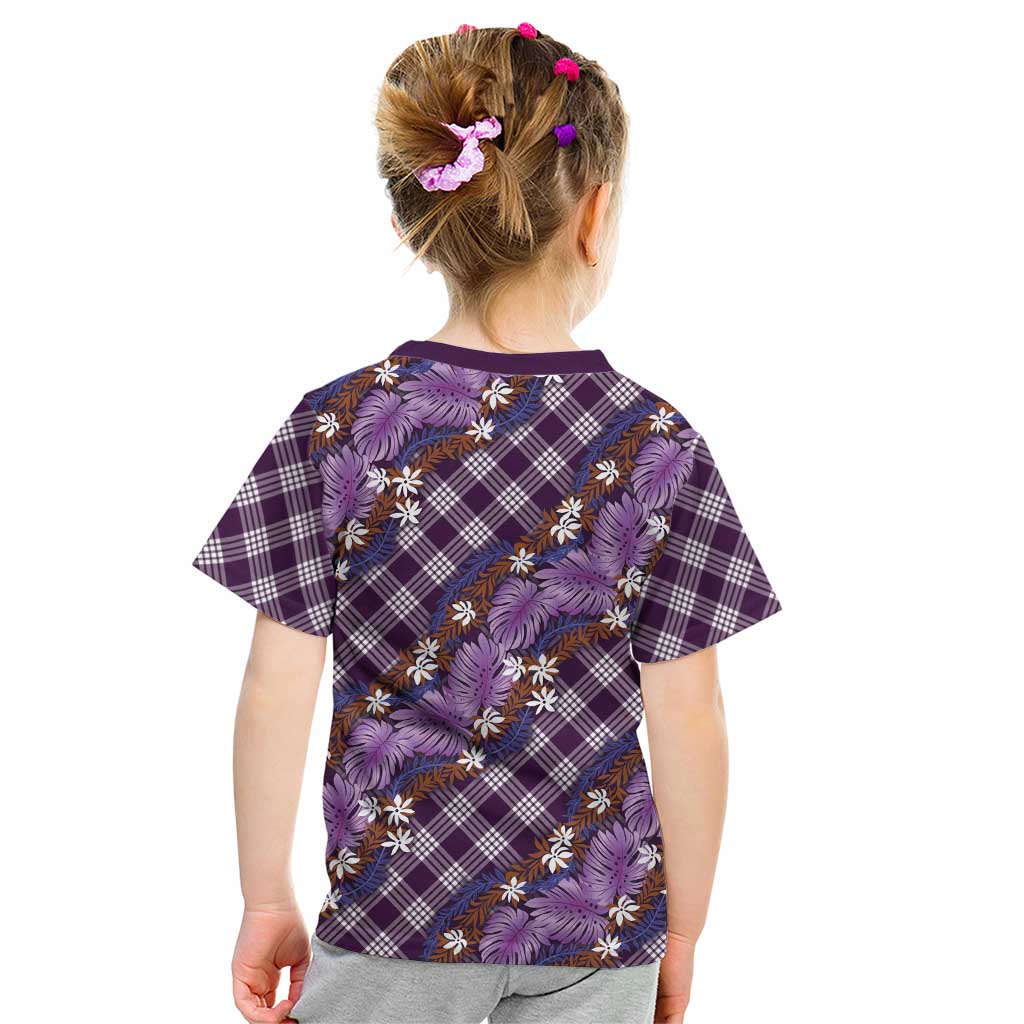 Polynesian Monstera Tiare Floral Kid T Shirt Lavender Tropical Plaid - Polynesian Pride