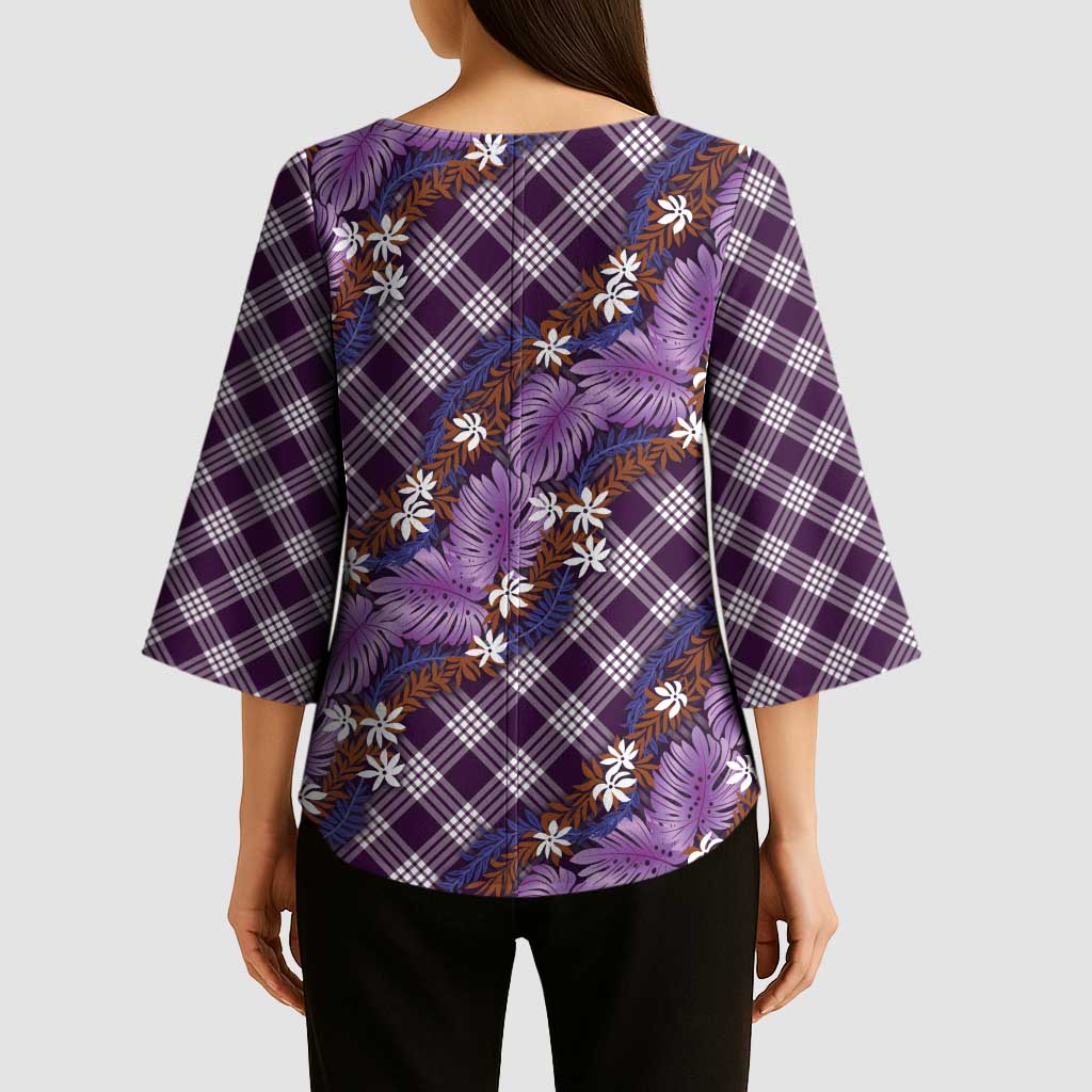Polynesian Monstera Tiare Floral Kimono Sleeve Blouse Lavender Tropical Plaid - Polynesian Pride