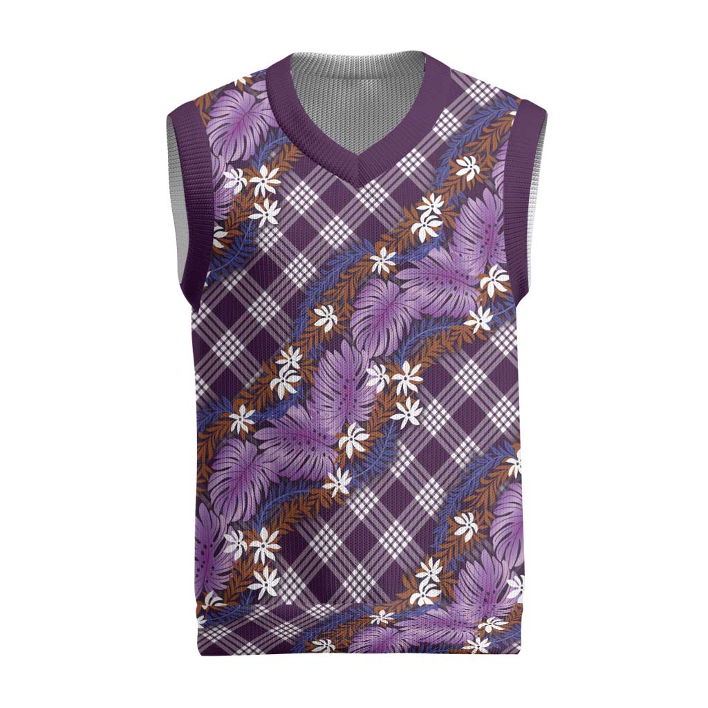 Polynesian Monstera Tiare Floral Christmas Knitted V-Neck Vest Lavender Tropical Plaid - Polynesian Pride