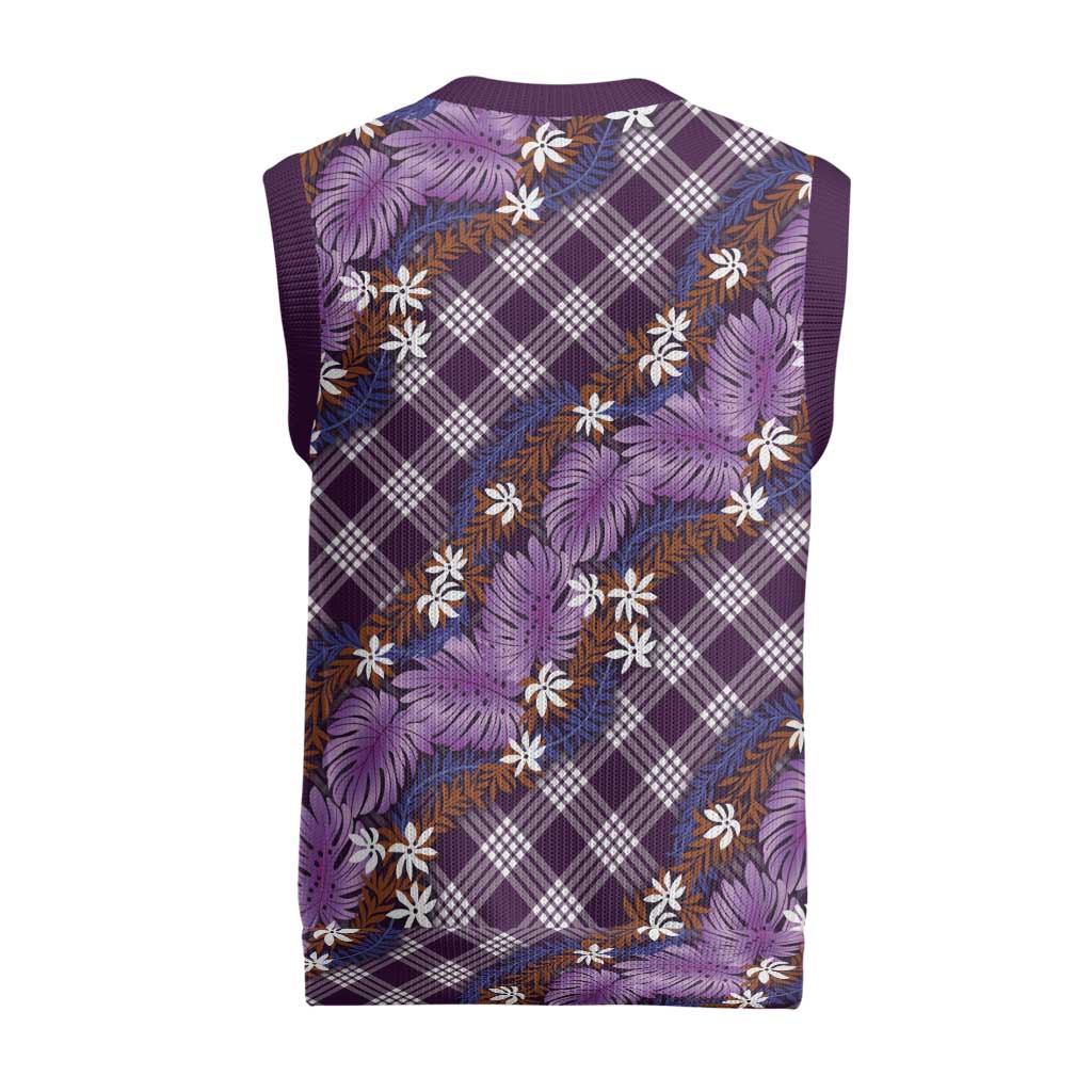 Polynesian Monstera Tiare Floral Christmas Knitted V-Neck Vest Lavender Tropical Plaid - Polynesian Pride