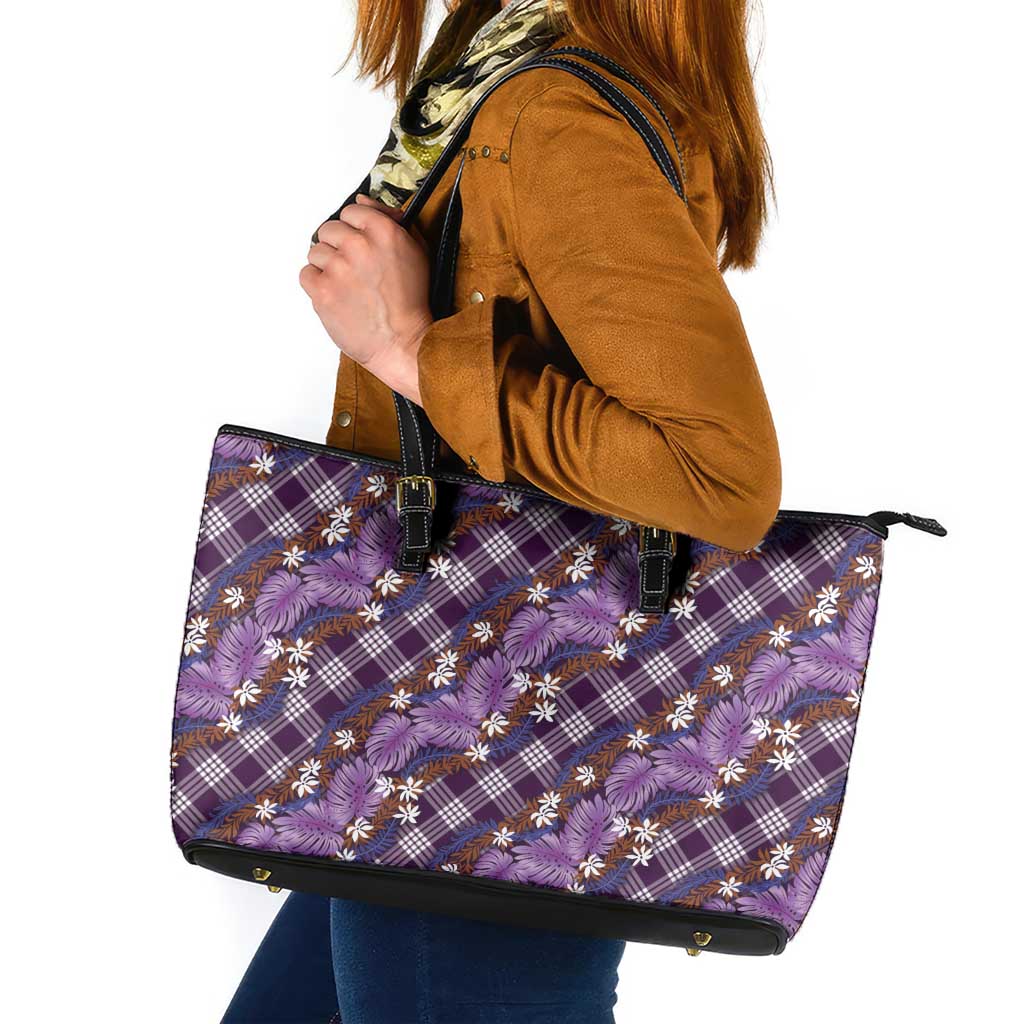Polynesian Monstera Tiare Floral Leather Tote Bag Lavender Tropical Plaid - Polynesian Pride