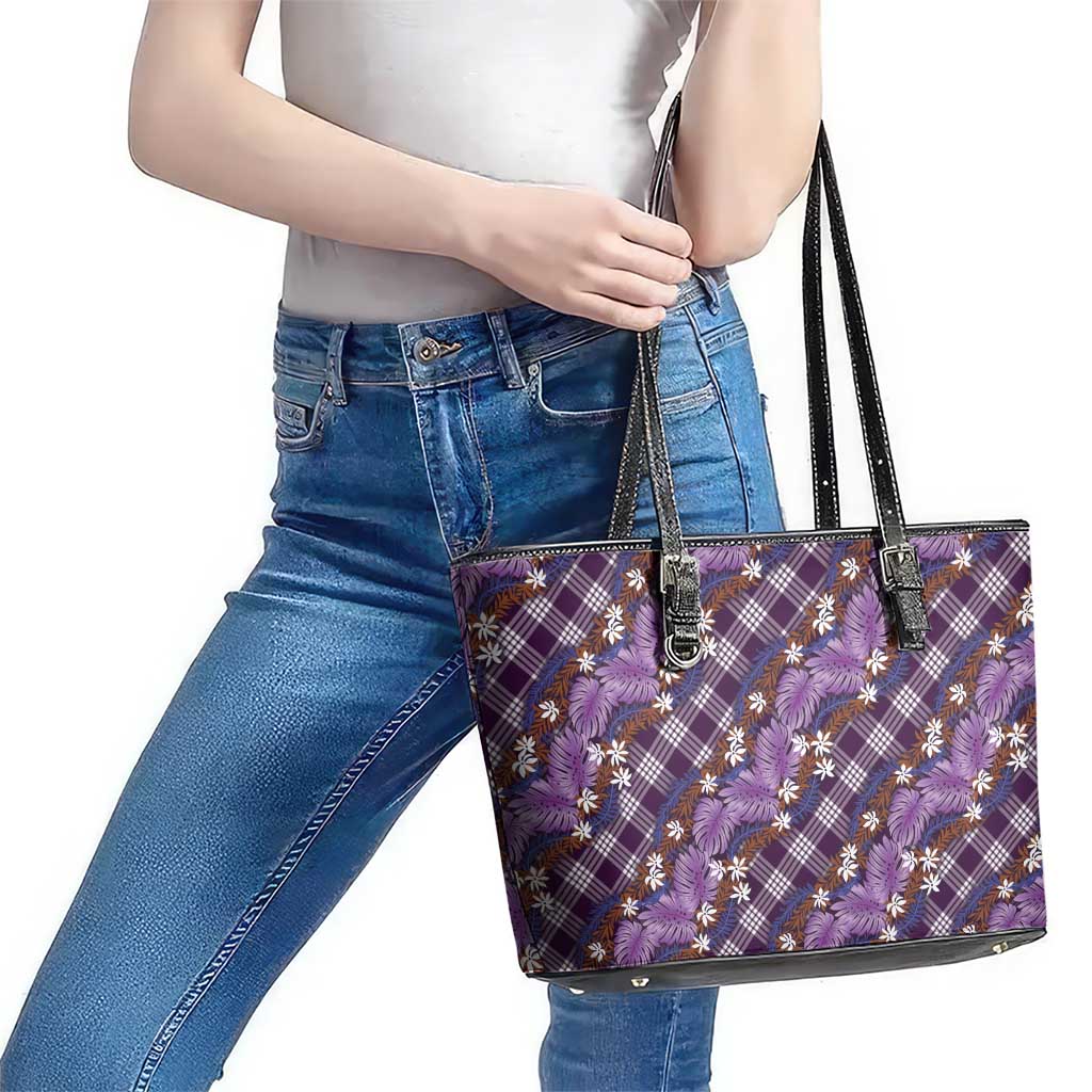 Polynesian Monstera Tiare Floral Leather Tote Bag Lavender Tropical Plaid - Polynesian Pride