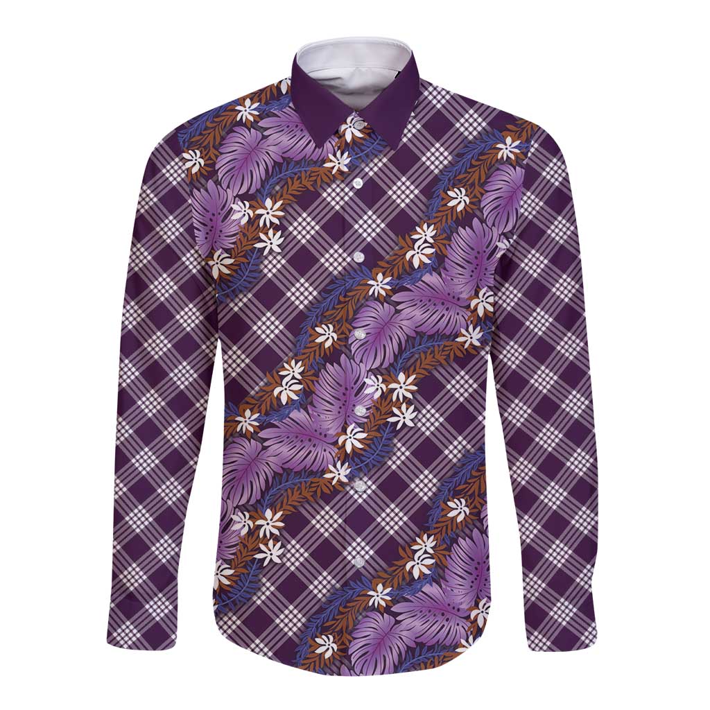 Polynesian Monstera Tiare Floral Long Sleeve Button Shirt Lavender Tropical Plaid - Polynesian Pride