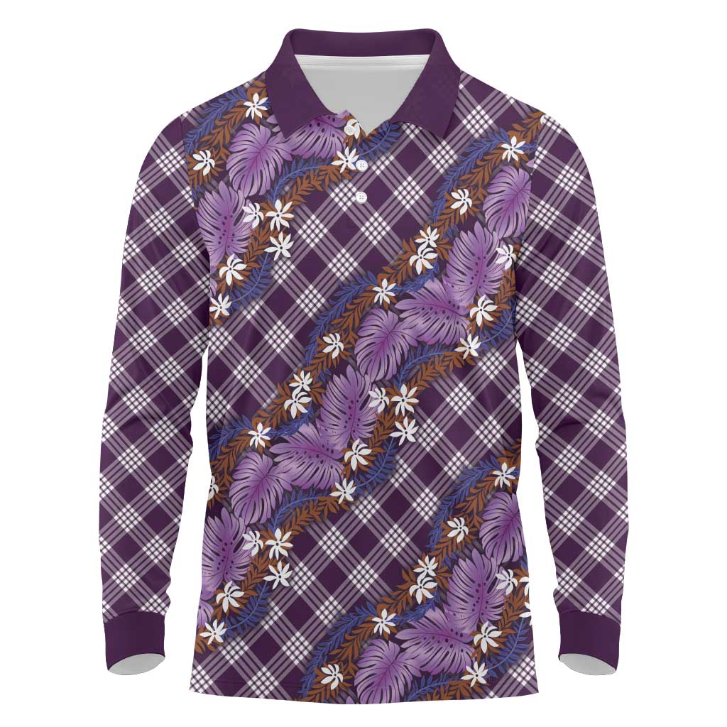 Polynesian Monstera Tiare Floral Long Sleeve Polo Shirt Lavender Tropical Plaid - Polynesian Pride