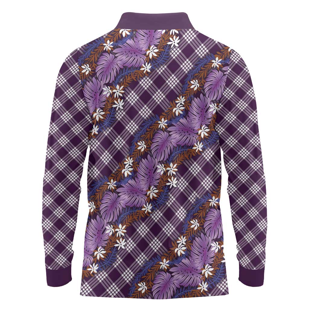 Polynesian Monstera Tiare Floral Long Sleeve Polo Shirt Lavender Tropical Plaid - Polynesian Pride