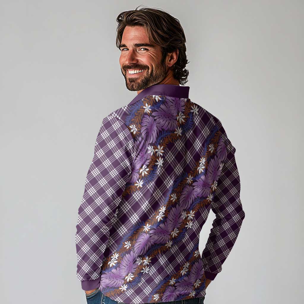 Polynesian Monstera Tiare Floral Long Sleeve Polo Shirt Lavender Tropical Plaid - Polynesian Pride