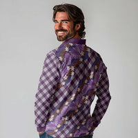 Polynesian Monstera Tiare Floral Long Sleeve Polo Shirt Lavender Tropical Plaid - Polynesian Pride