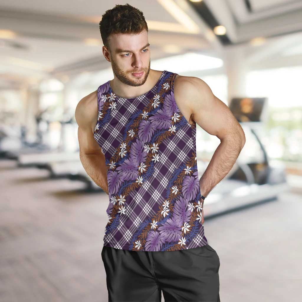 Polynesian Monstera Tiare Floral Men Tank Top Lavender Tropical Plaid - Polynesian Pride
