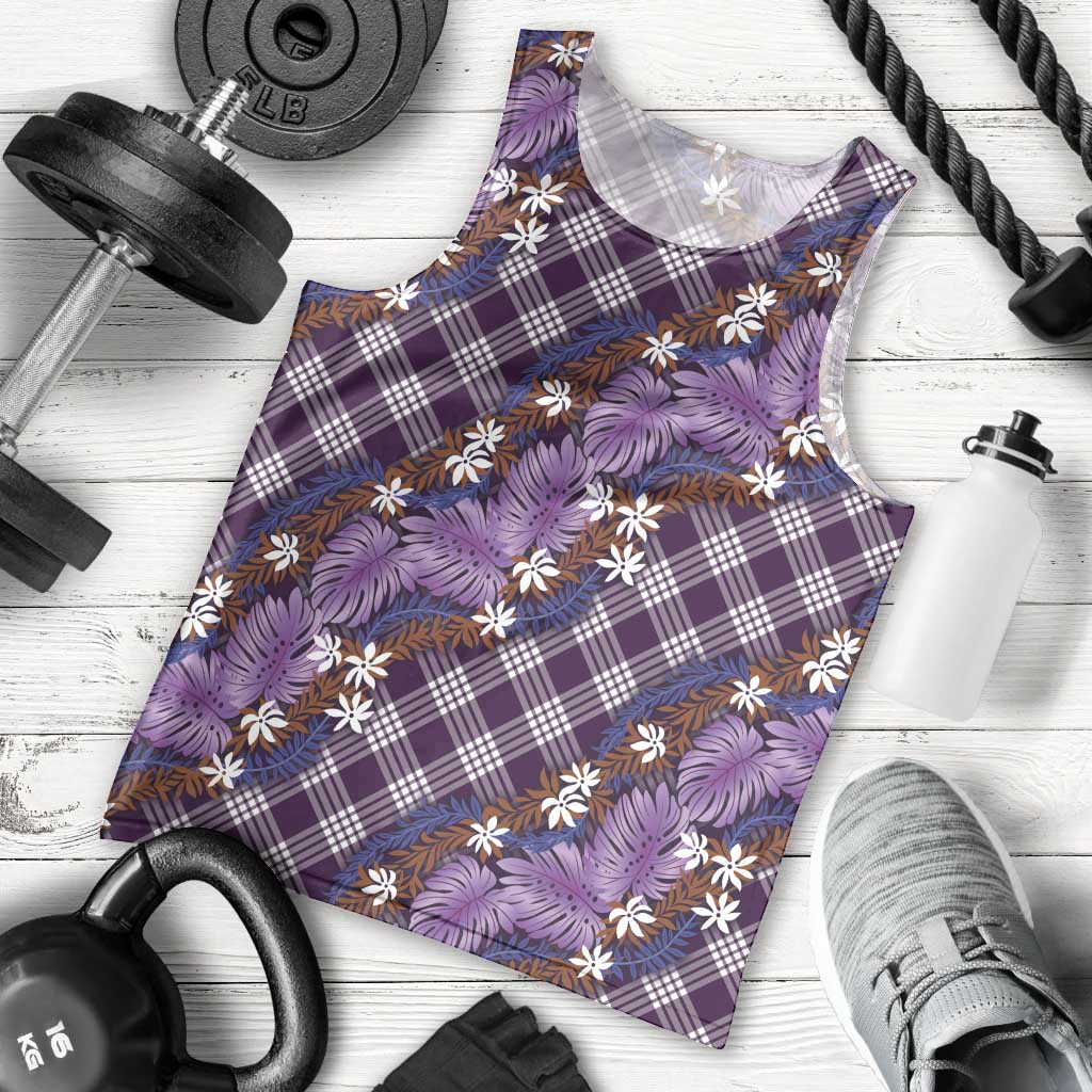 Polynesian Monstera Tiare Floral Men Tank Top Lavender Tropical Plaid - Polynesian Pride