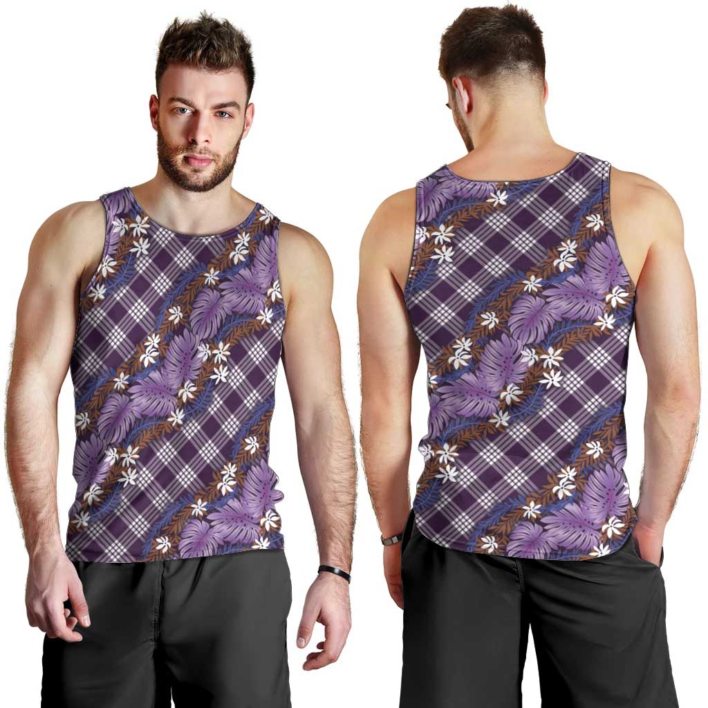 Polynesian Monstera Tiare Floral Men Tank Top Lavender Tropical Plaid - Polynesian Pride