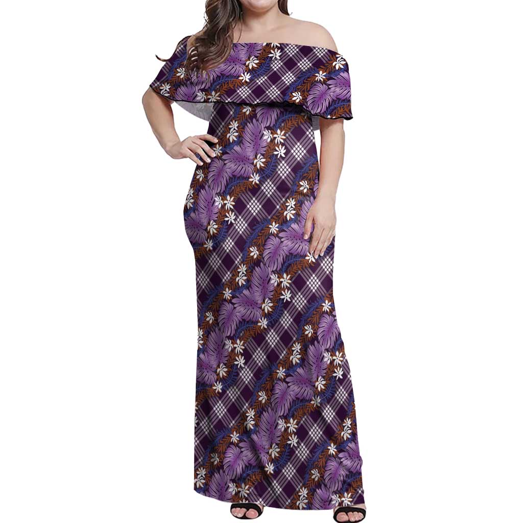 Polynesian Monstera Tiare Floral Off Shoulder Maxi Dress Lavender Tropical Plaid - Polynesian Pride