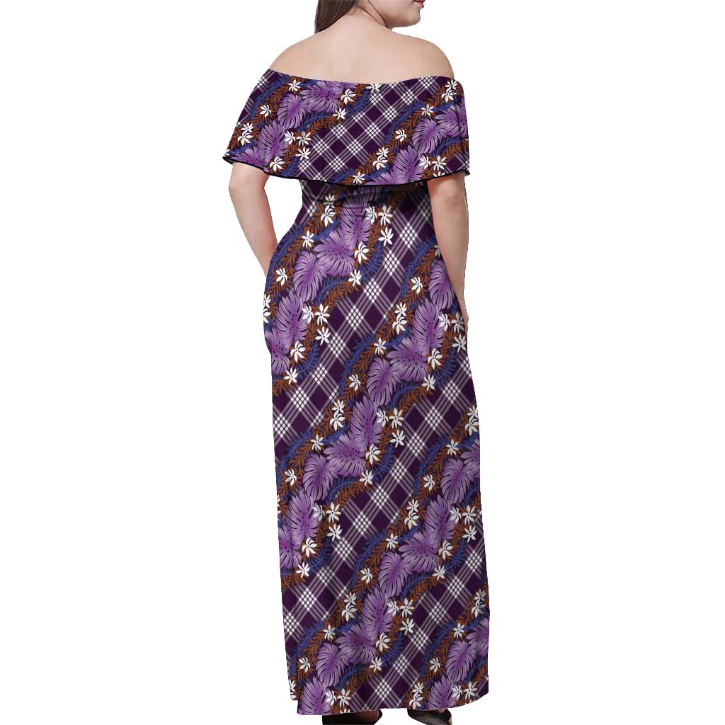Polynesian Monstera Tiare Floral Off Shoulder Maxi Dress Lavender Tropical Plaid - Polynesian Pride