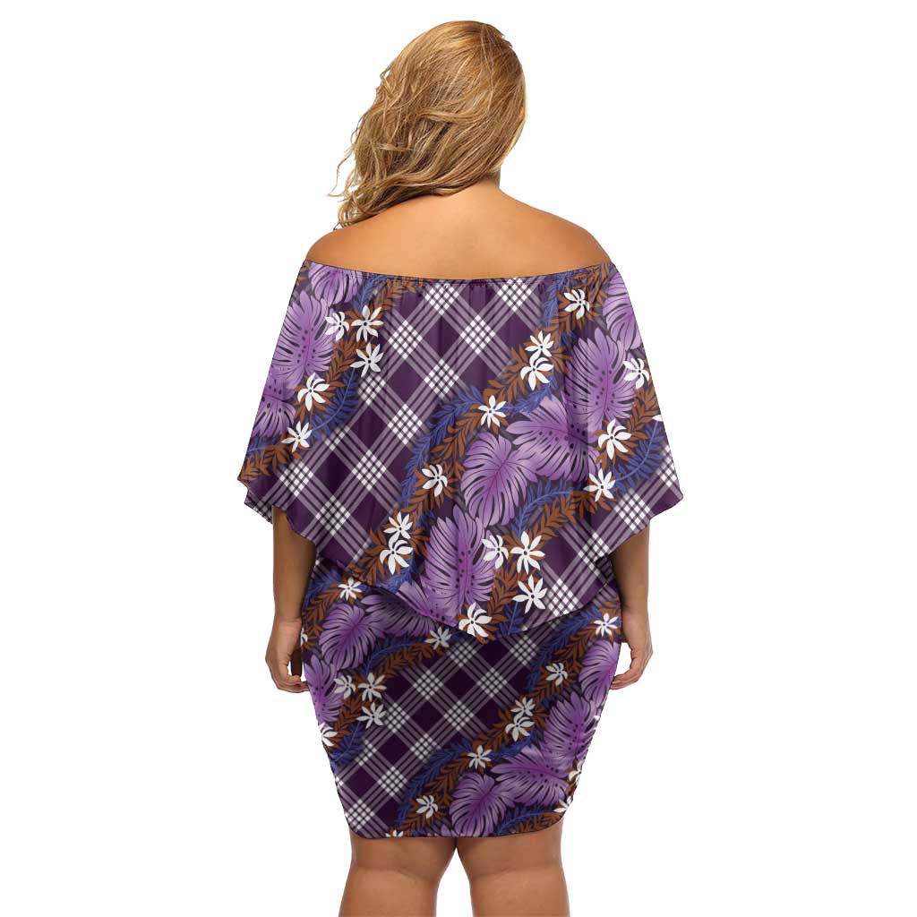 Polynesian Monstera Tiare Floral Off Shoulder Short Dress Lavender Tropical Plaid - Polynesian Pride