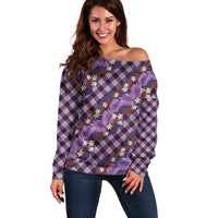Polynesian Monstera Tiare Floral Off Shoulder Sweater Lavender Tropical Plaid - Polynesian Pride