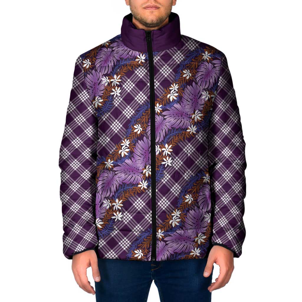 Polynesian Monstera Tiare Floral Padded Jacket Lavender Tropical Plaid - Polynesian Pride