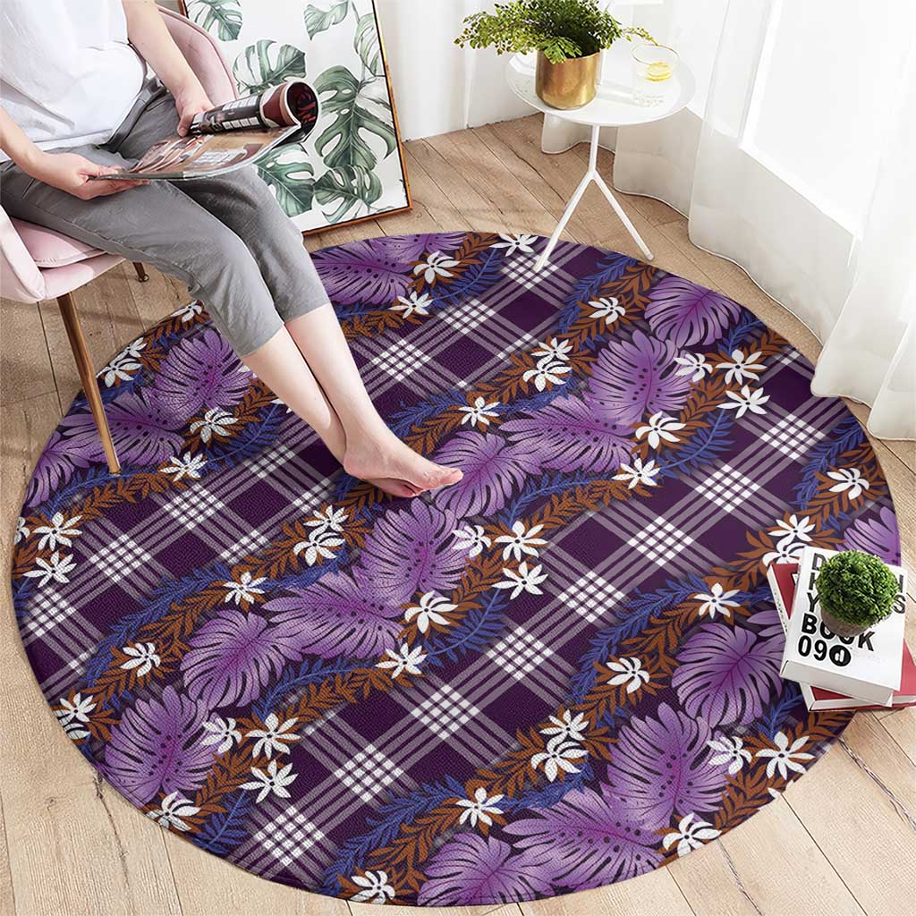 Polynesian Monstera Tiare Floral Round Carpet Lavender Tropical Plaid - Polynesian Pride