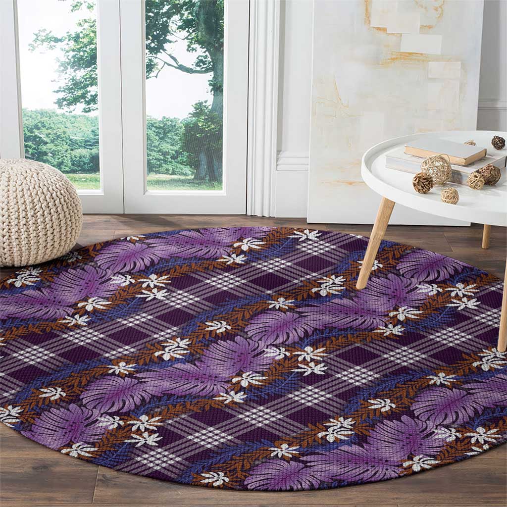 Polynesian Monstera Tiare Floral Round Carpet Lavender Tropical Plaid - Polynesian Pride