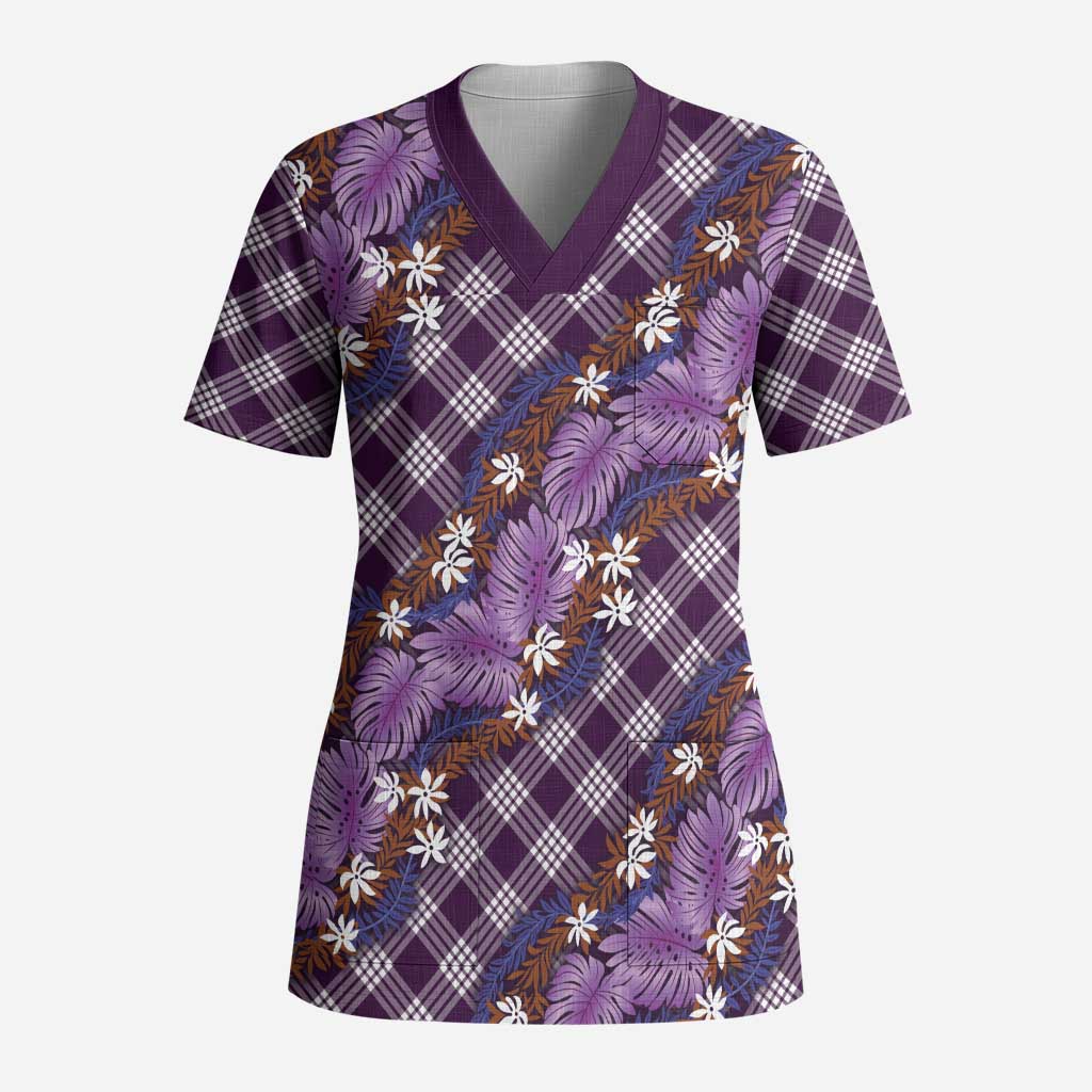 Polynesian Monstera Tiare Floral Scrub Top Lavender Tropical Plaid - Polynesian Pride