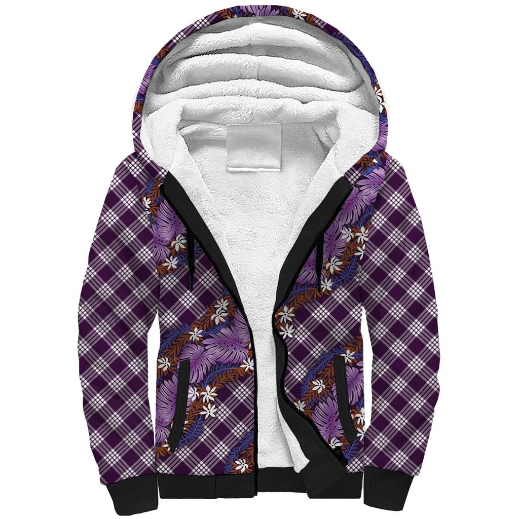 Polynesian Monstera Tiare Floral Sherpa Hoodie Lavender Tropical Plaid - Polynesian Pride