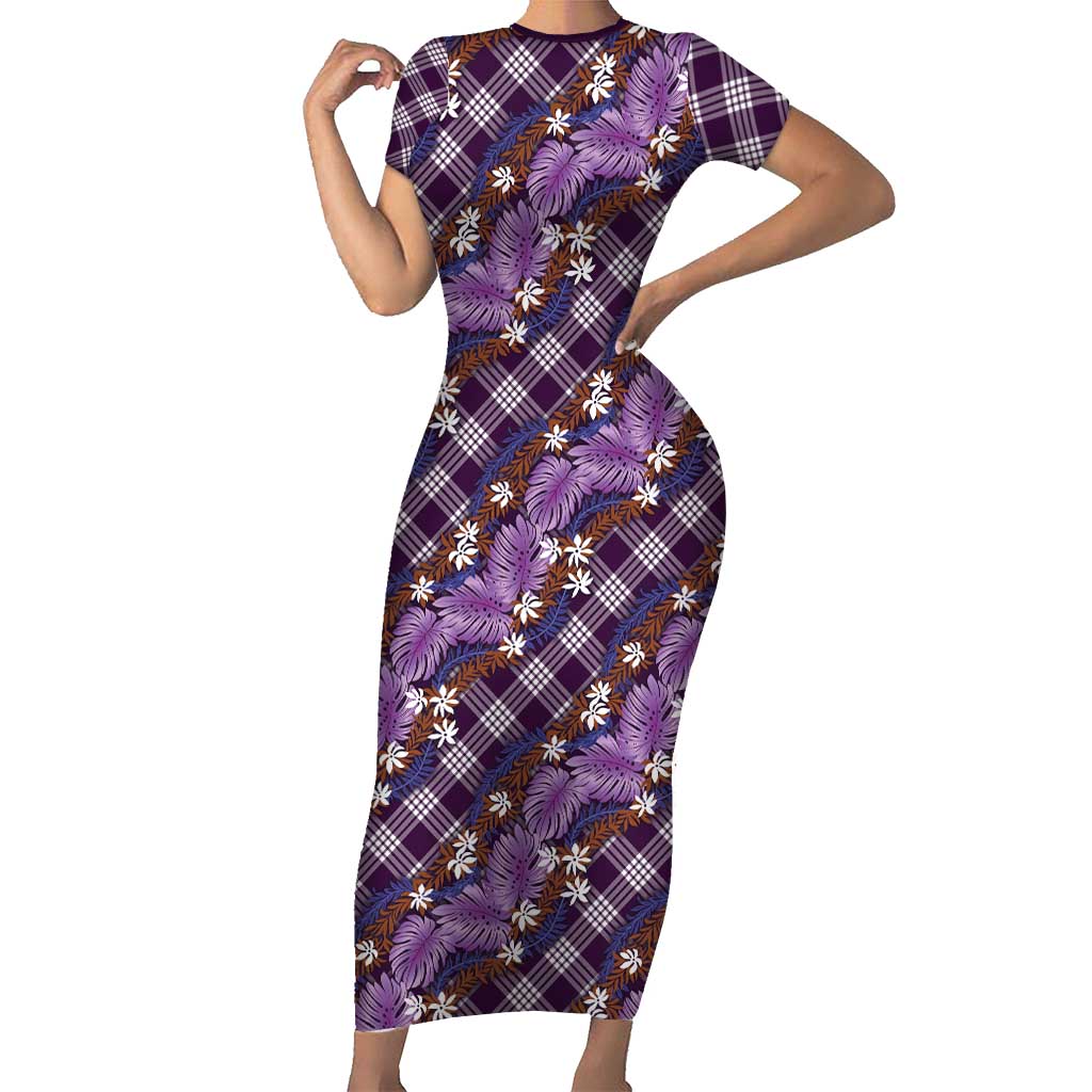 Polynesian Monstera Tiare Floral Short Sleeve Bodycon Dress Lavender Tropical Plaid - Polynesian Pride