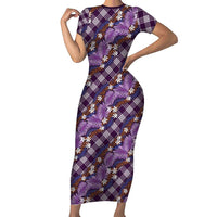 Polynesian Monstera Tiare Floral Short Sleeve Bodycon Dress Lavender Tropical Plaid - Polynesian Pride