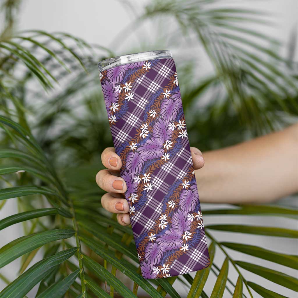 Polynesian Monstera Tiare Floral Skinny Tumbler Lavender Tropical Plaid - Polynesian Pride
