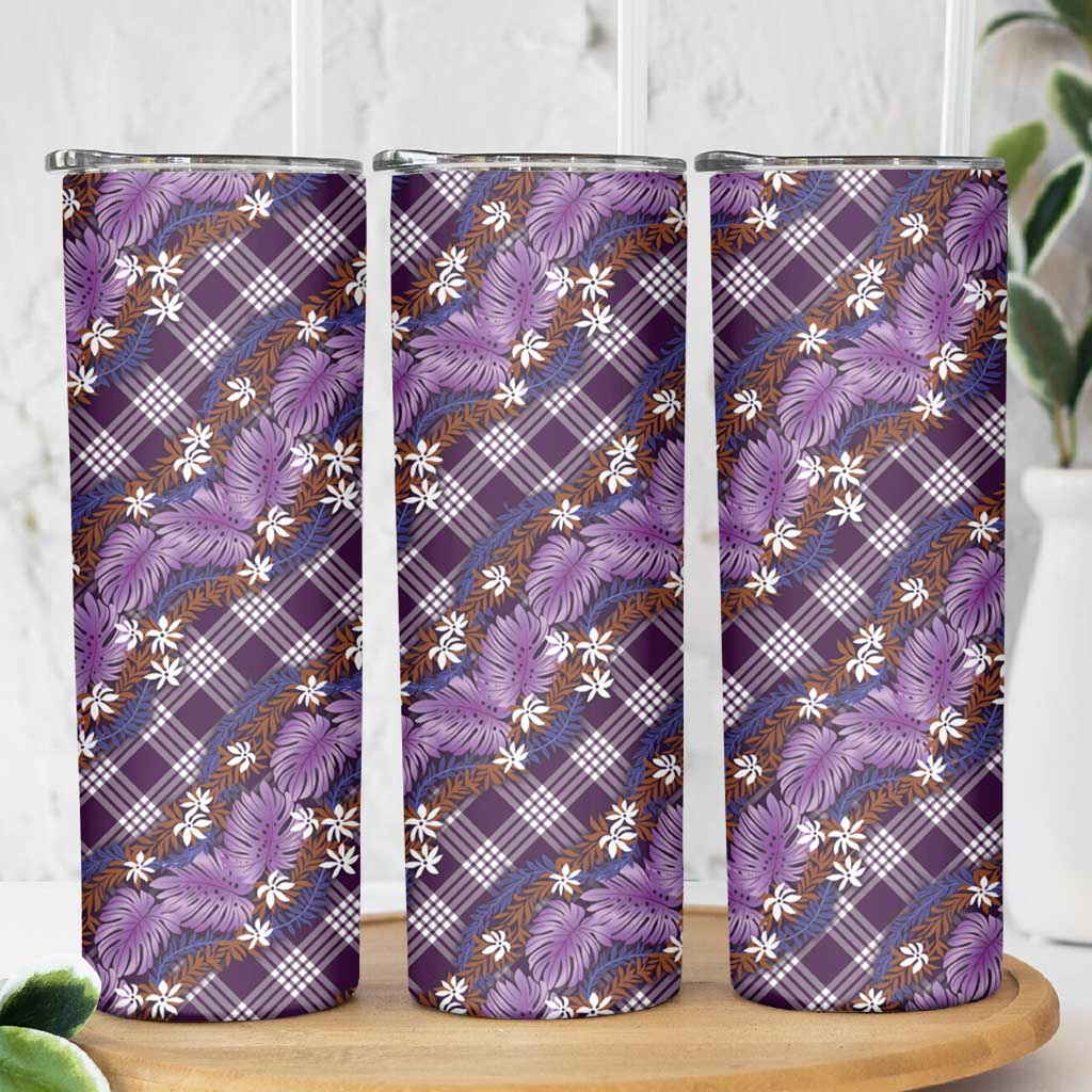 Polynesian Monstera Tiare Floral Skinny Tumbler Lavender Tropical Plaid - Polynesian Pride