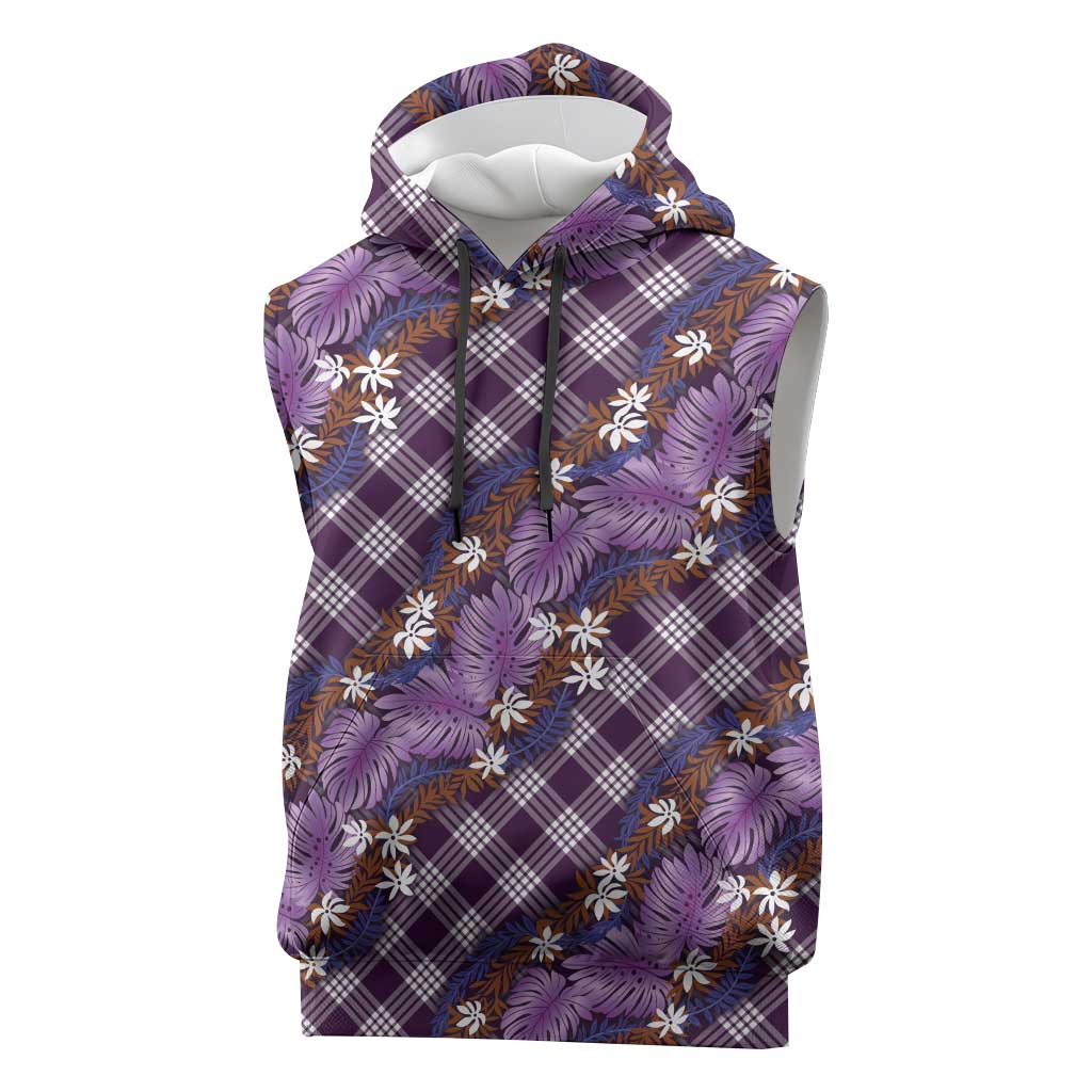 Polynesian Monstera Tiare Floral Sleeveless Hoodie Lavender Tropical Plaid - Polynesian Pride