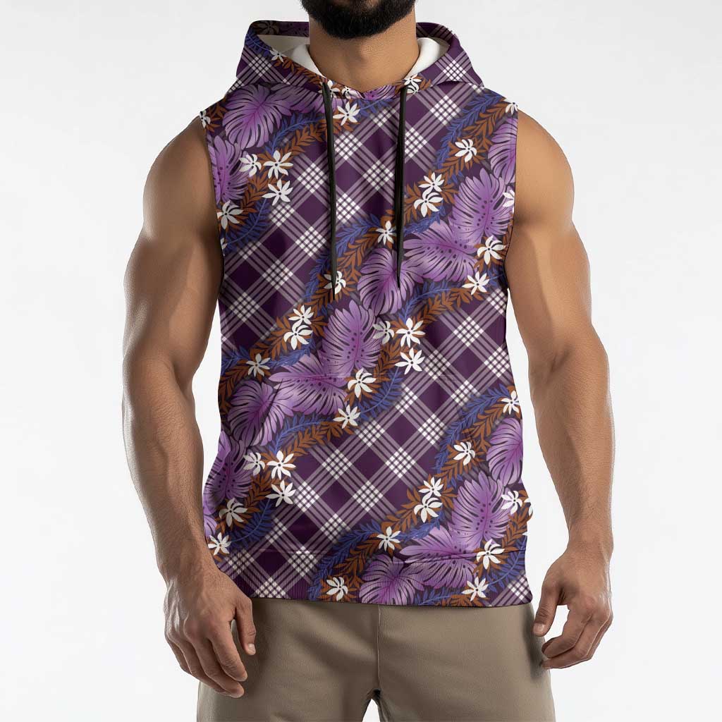 Polynesian Monstera Tiare Floral Sleeveless Hoodie Lavender Tropical Plaid - Polynesian Pride