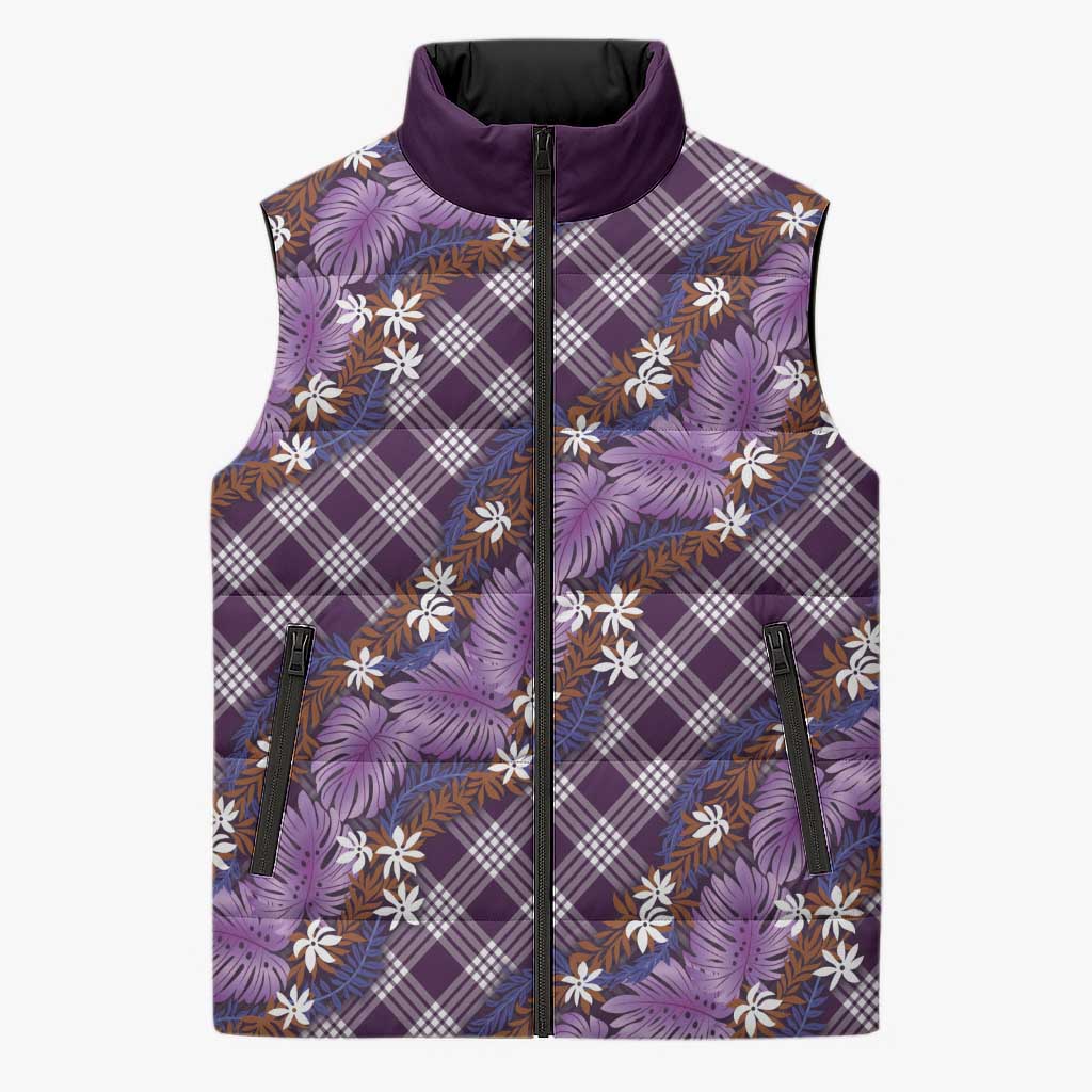 Polynesian Monstera Tiare Floral Sleeveless Puffer Jacket Lavender Tropical Plaid - Polynesian Pride