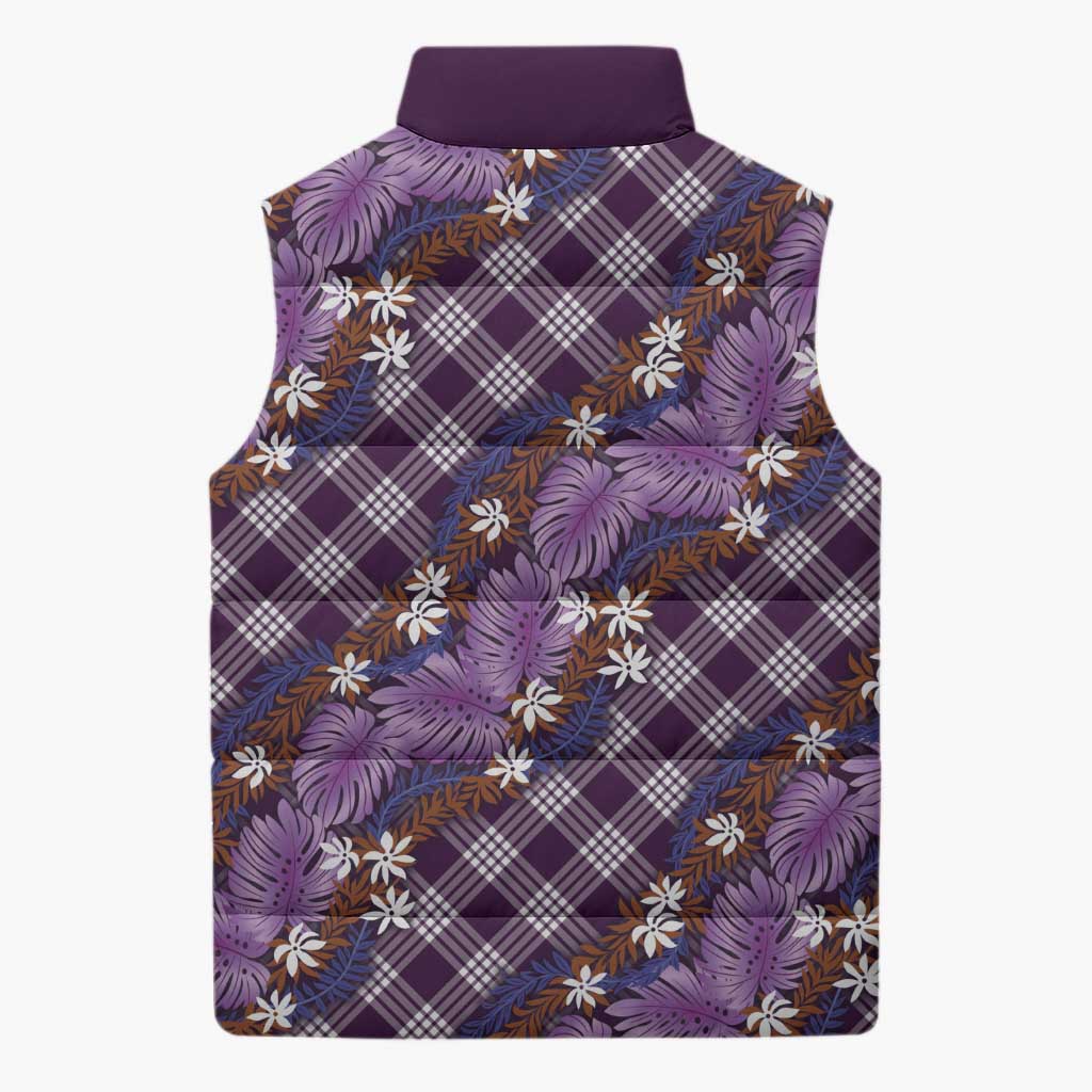 Polynesian Monstera Tiare Floral Sleeveless Puffer Jacket Lavender Tropical Plaid - Polynesian Pride