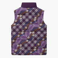 Polynesian Monstera Tiare Floral Sleeveless Puffer Jacket Lavender Tropical Plaid - Polynesian Pride