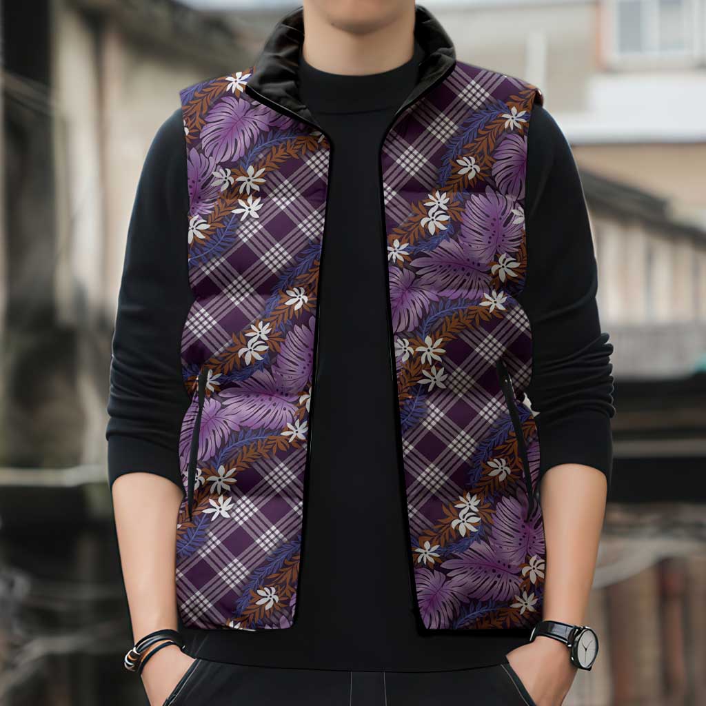 Polynesian Monstera Tiare Floral Sleeveless Puffer Jacket Lavender Tropical Plaid - Polynesian Pride