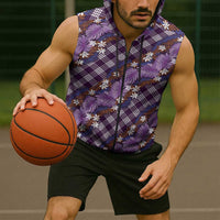 Polynesian Monstera Tiare Floral Sleeveless Zip Hoodie Lavender Tropical Plaid - Polynesian Pride