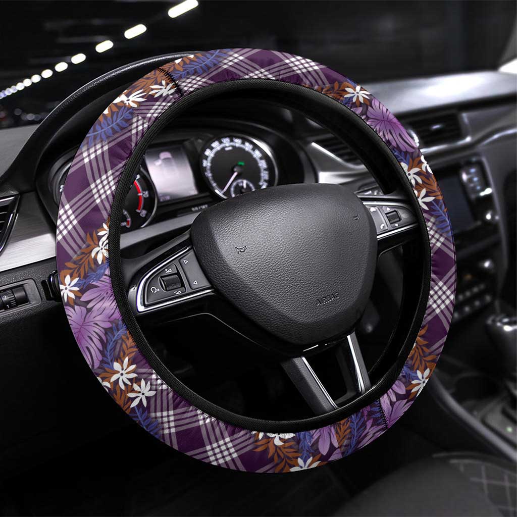 Polynesian Monstera Tiare Floral Steering Wheel Cover Lavender Tropical Plaid - Polynesian Pride